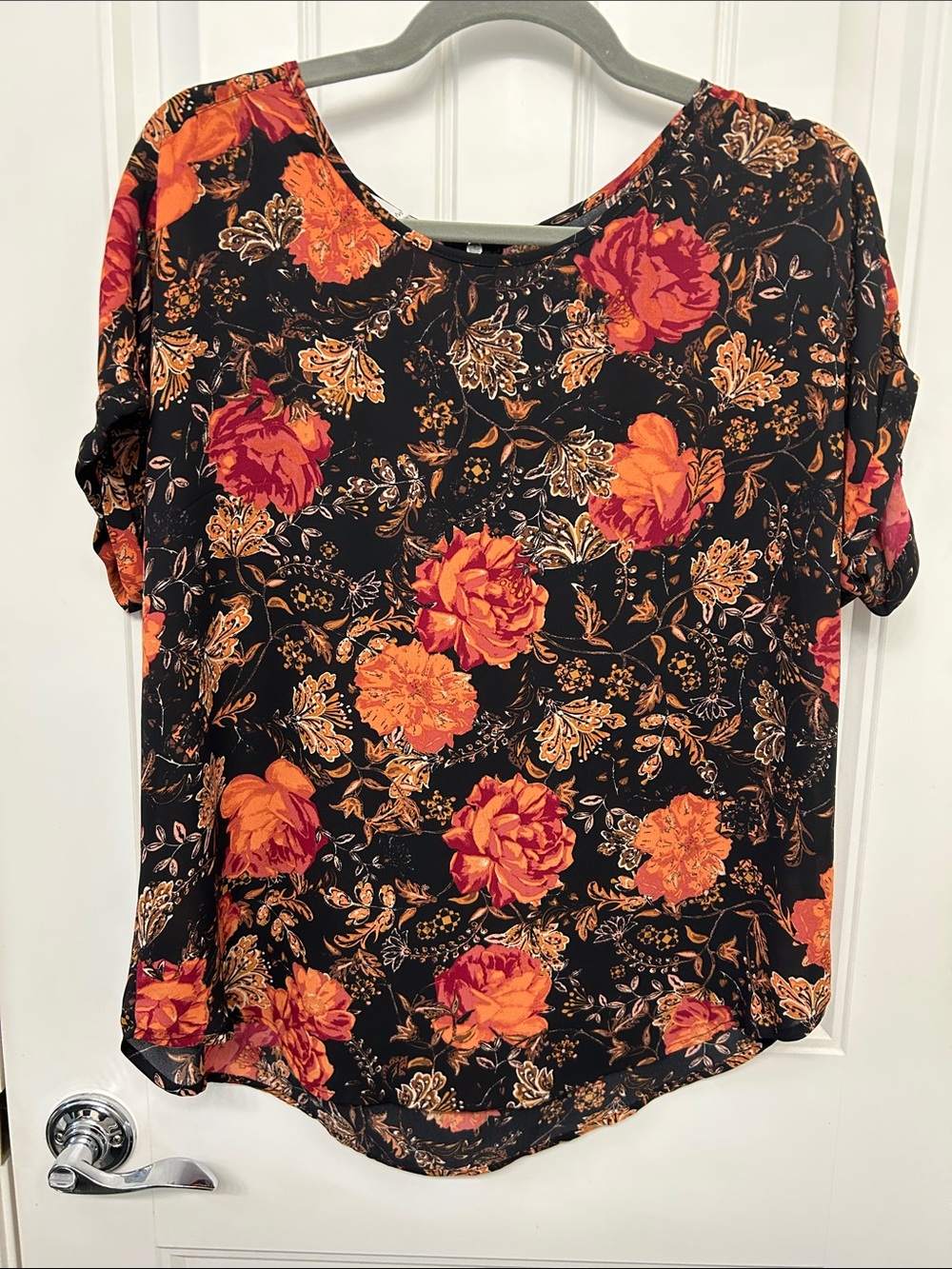 Maurices Black Blouse with Orange and Pink Floral Print